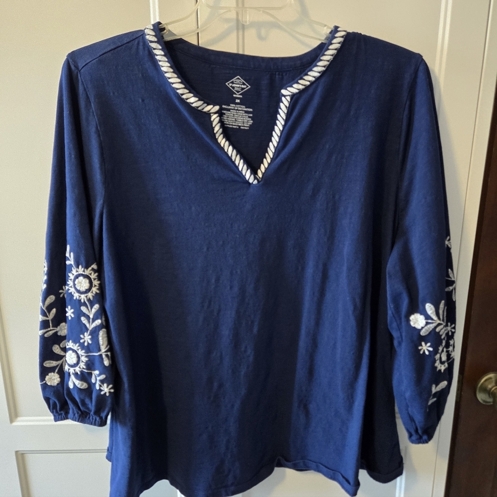 St John's Bay Navy Blue Embroidered Women's Top Sz 2X